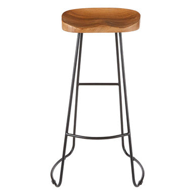 Orsina Nandri Acacia Wood Bar Stool | Carved Seat & Black Iron Frame