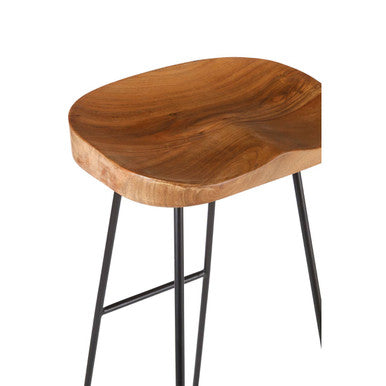 Orsina Nandri Acacia Wood Bar Stool | Carved Seat & Black Iron Frame