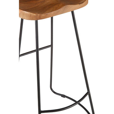 Orsina Nandri Acacia Wood Bar Stool | Carved Seat & Black Iron Frame