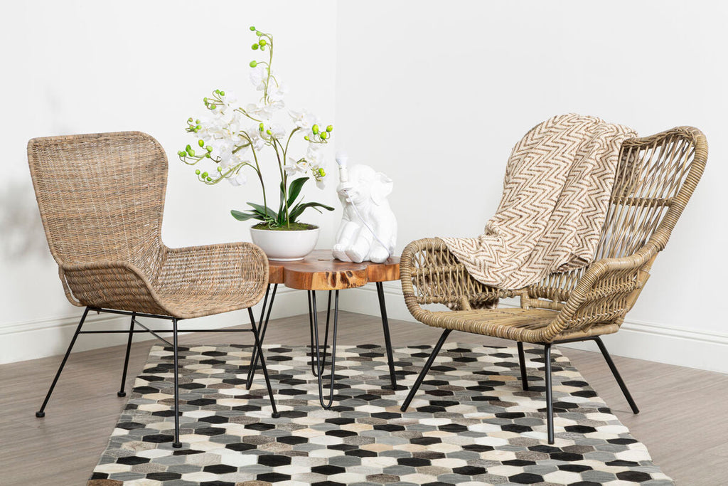 Orsina Acacia Wood Side Table | Black Hairpin Legs & Geometric Inlay