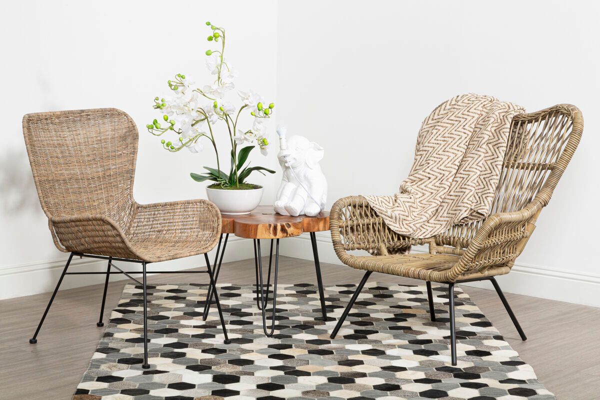 Orsina Acacia Wood Side Table | Black Hairpin Legs & Geometric Inlay