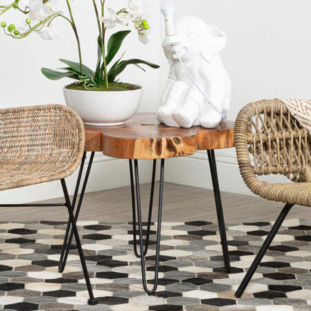 Orsina Acacia Wood Side Table | Black Hairpin Legs & Geometric Inlay