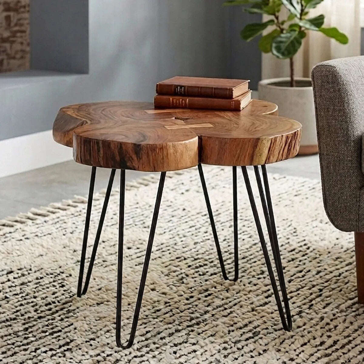 Orsina Acacia Wood Side Table | Black Hairpin Legs & Geometric Inlay