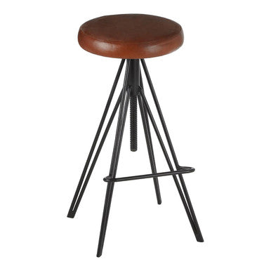 Orsina Nandri Round Brown Leather Stool | Adjustable Industrial Iron Base