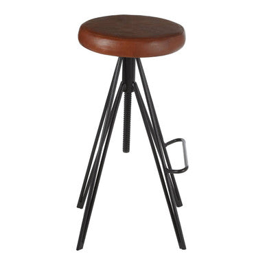 Orsina Nandri Round Brown Leather Stool | Adjustable Industrial Iron Base
