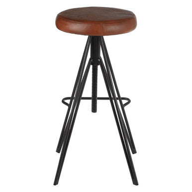 Orsina Nandri Round Brown Leather Stool | Adjustable Industrial Iron Base