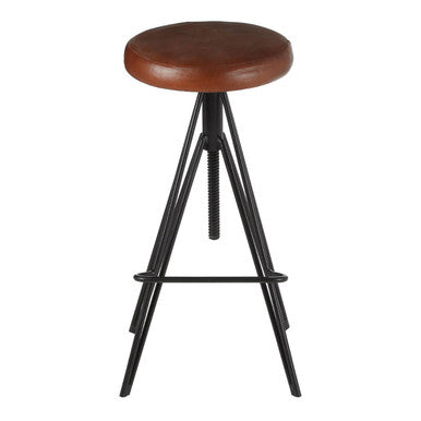 Orsina Nandri Round Brown Leather Stool | Adjustable Industrial Iron Base