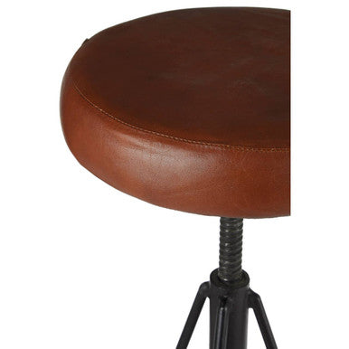 Orsina Nandri Round Brown Leather Stool | Adjustable Industrial Iron Base