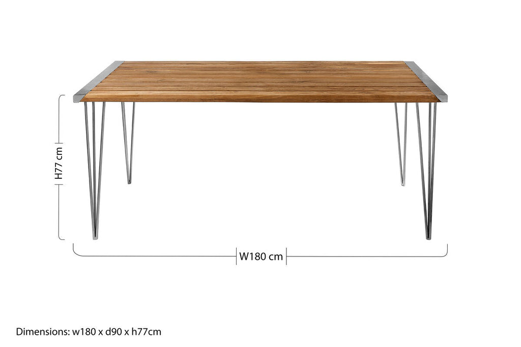Orsina Nandri Brown Slatted Teak Wood Dining Table with Nickel Legs