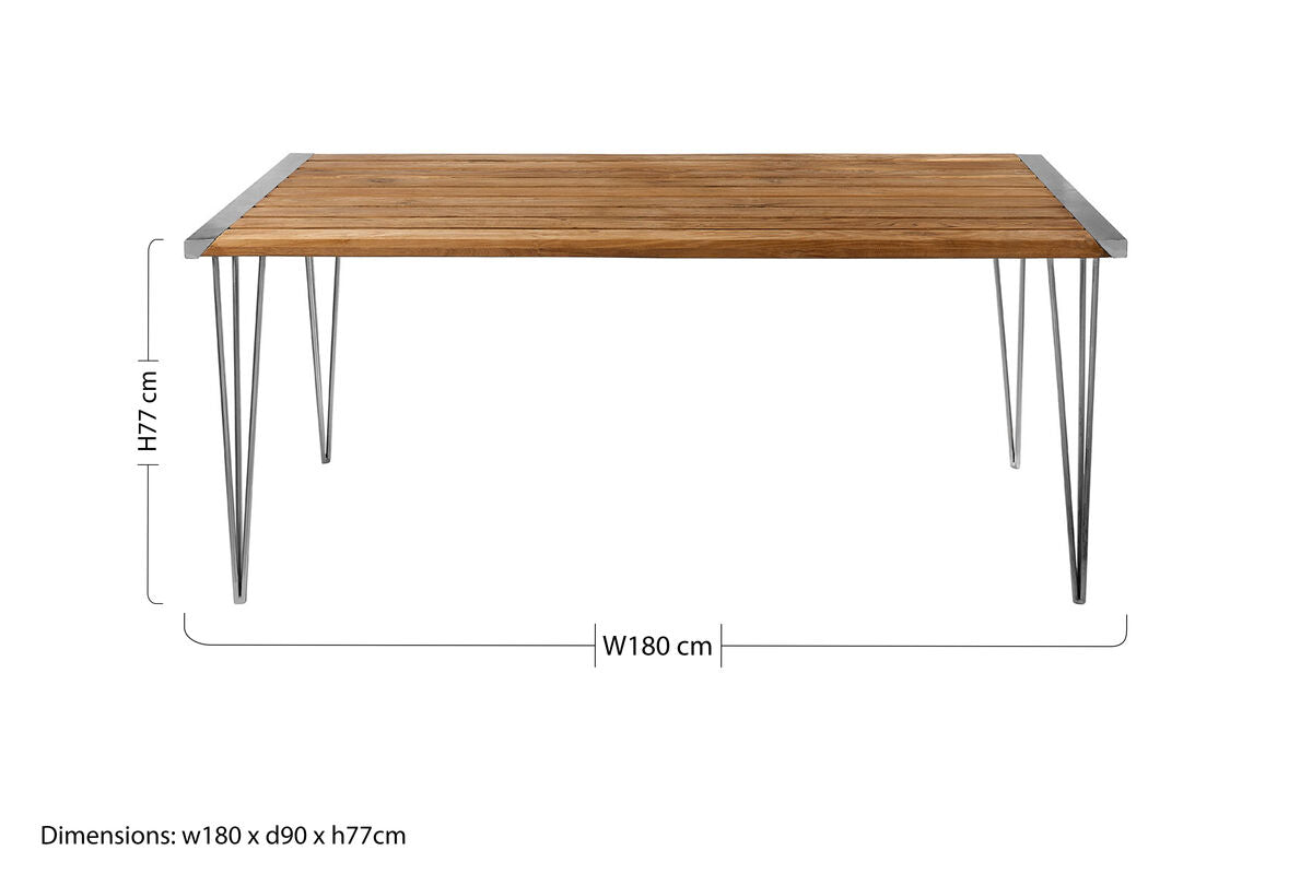 Orsina Nandri Brown Slatted Teak Wood Dining Table with Nickel Legs