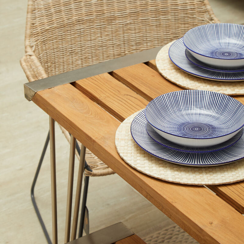 Orsina Nandri Brown Slatted Teak Wood Dining Table with Nickel Legs