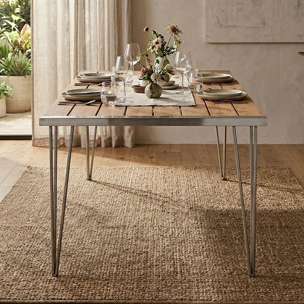 Orsina Nandri Brown Slatted Teak Wood Dining Table with Nickel Legs
