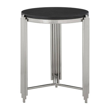 Orsina Clarice Round Side Table – Black Granite & Silver Art Deco