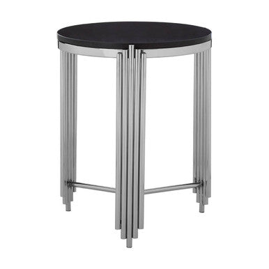 Orsina Clarice Round Side Table – Black Granite & Silver Art Deco