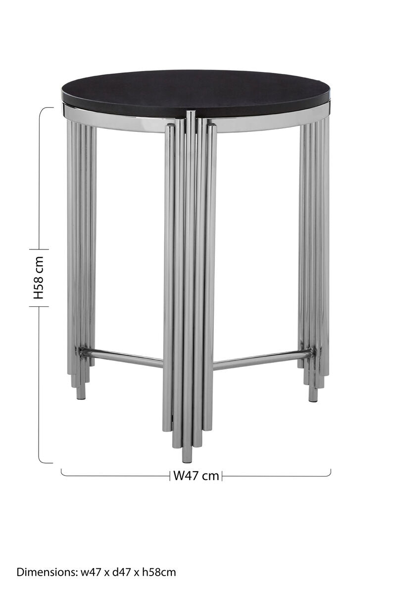 Orsina Clarice Round Side Table – Black Granite & Silver Art Deco