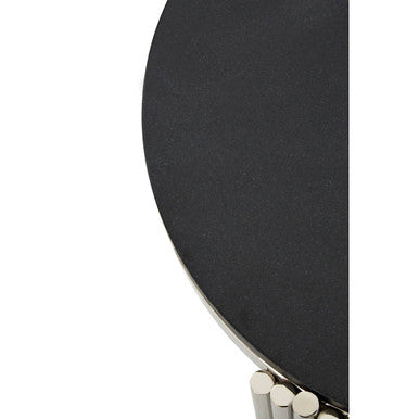 Orsina Clarice Round Side Table – Black Granite & Silver Art Deco