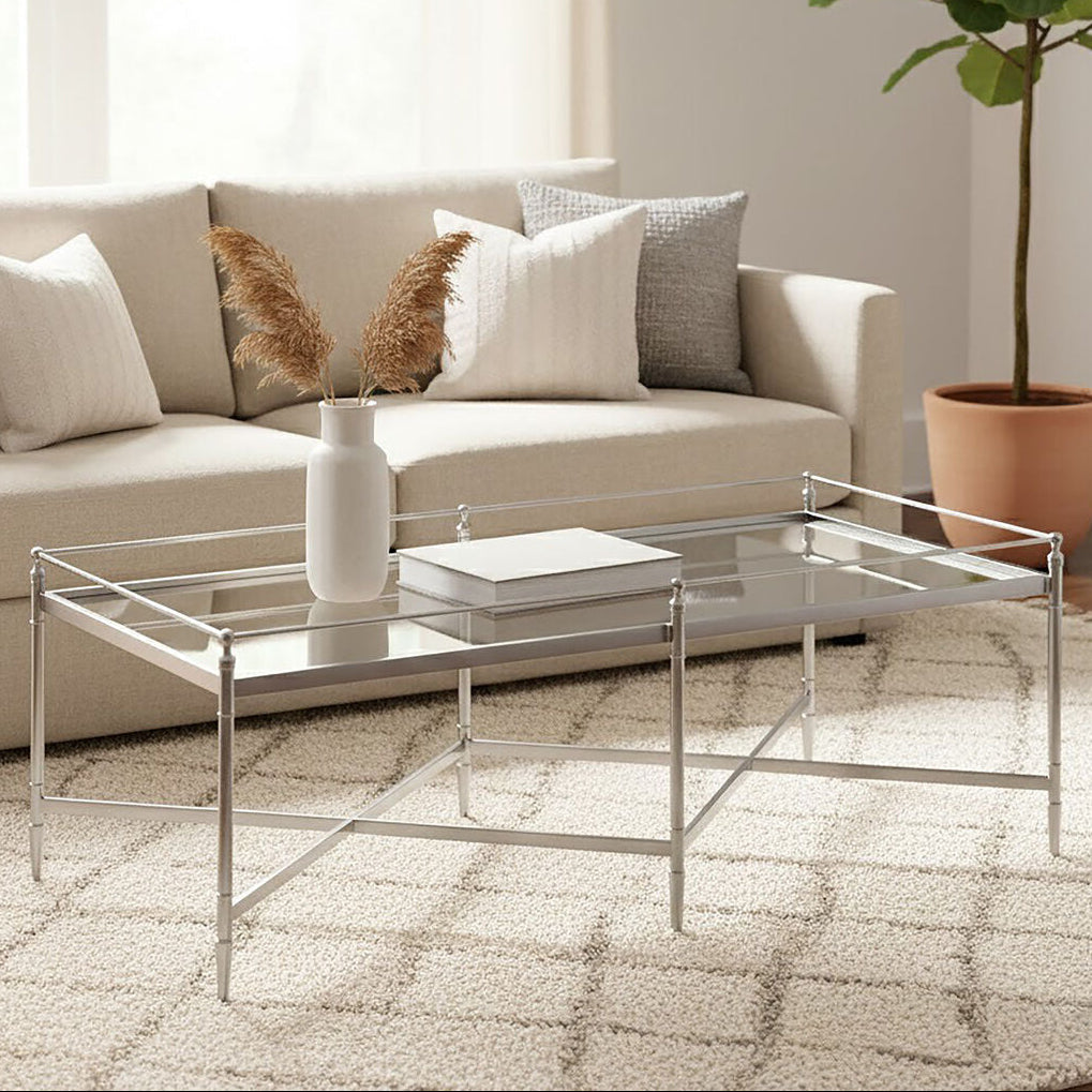 Orsina Zach Silver Metal Coffee Table with Mirrored Glass Cross Base