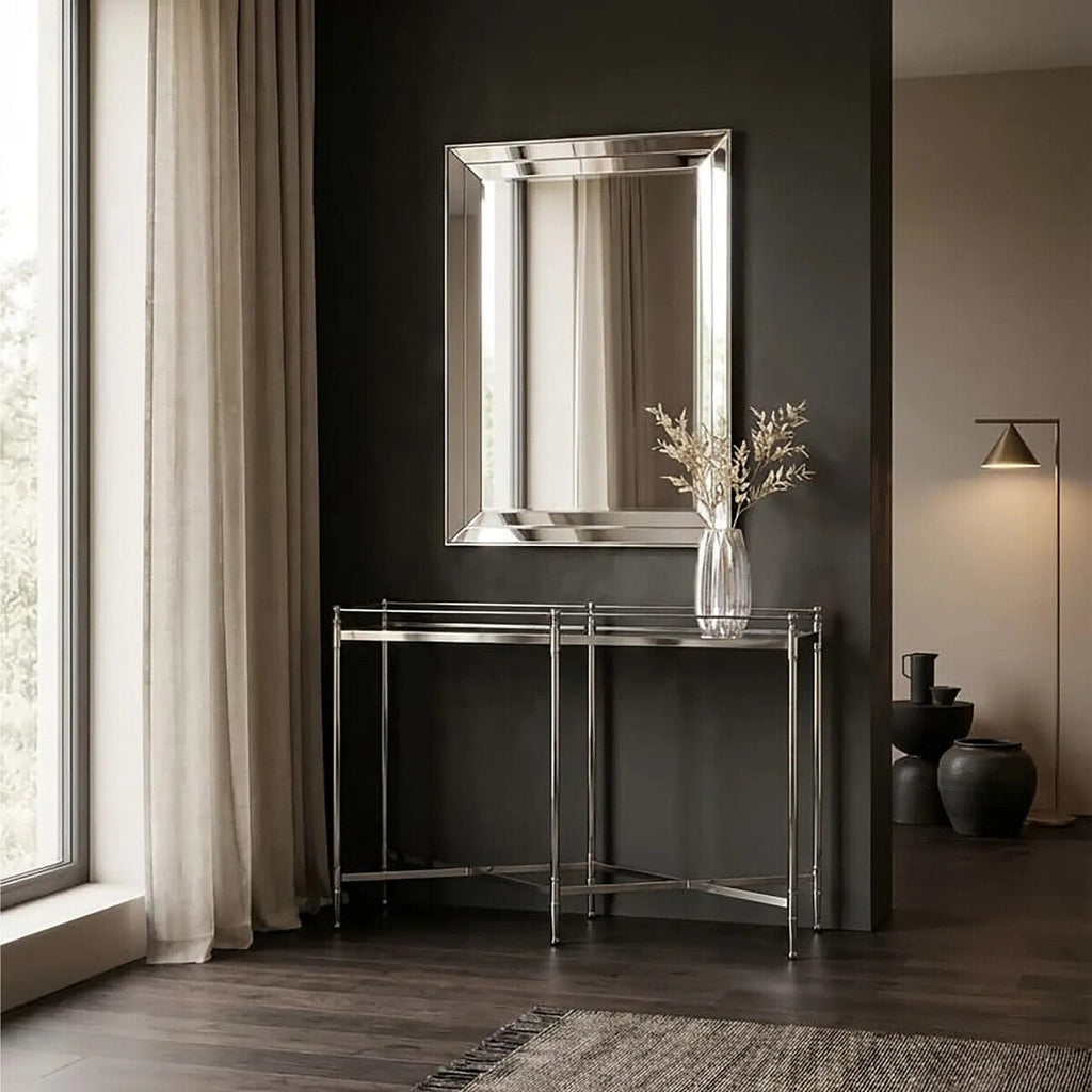 Orsina Zach Mirrored Glass Console Table – Silver Stainless Steel