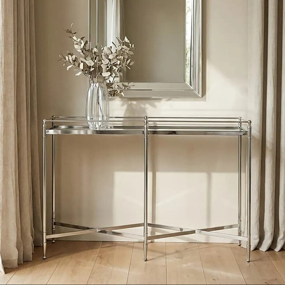 Orsina Zach Mirrored Glass Console Table – Silver Stainless Steel