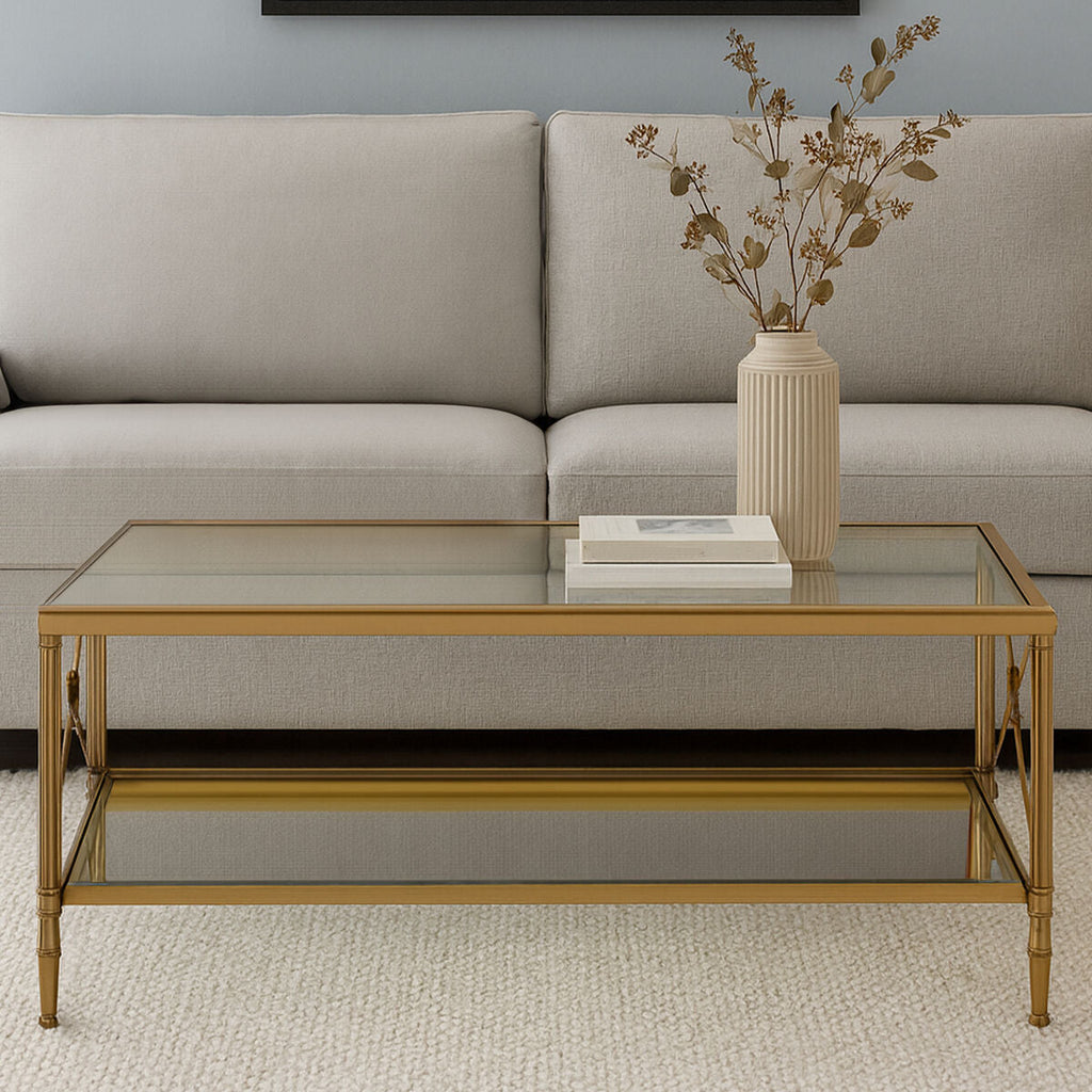 Orsina Axis Gold Coffee Table – Two-Tier Glass & Tarnished Brass