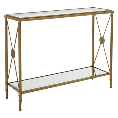 Orsina Axis Gold Console Table – Antique Brass 2-Tier Glass Shelves