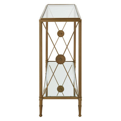 Orsina Axis Gold Console Table – Antique Brass 2-Tier Glass Shelves