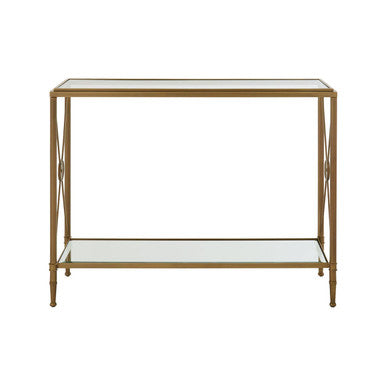 Orsina Axis Gold Console Table – Antique Brass 2-Tier Glass Shelves
