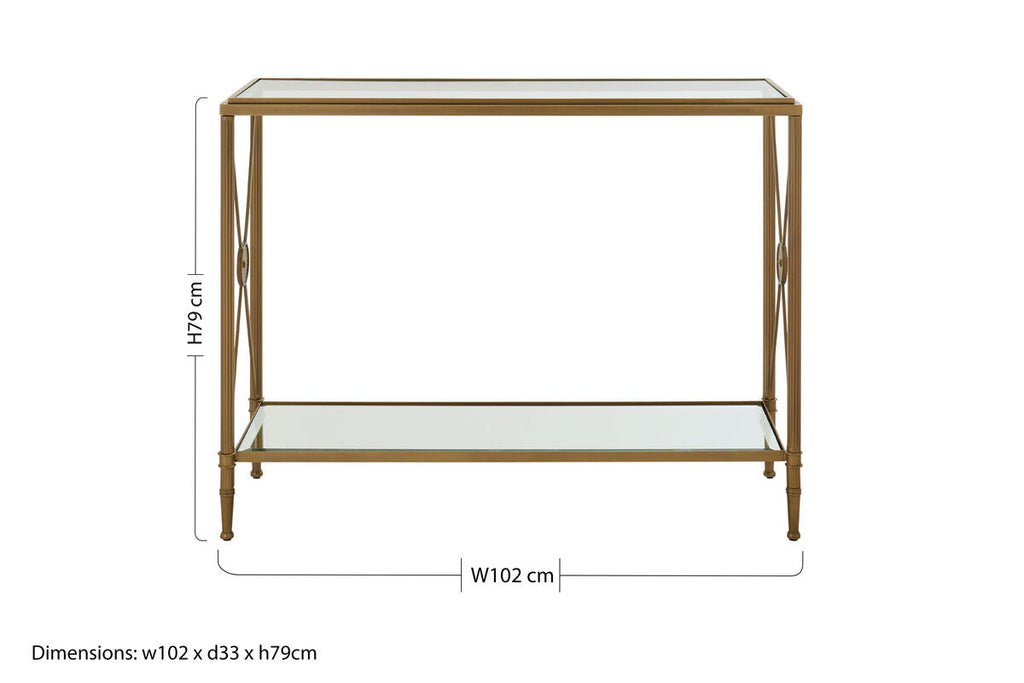 Orsina Axis Gold Console Table – Antique Brass 2-Tier Glass Shelves