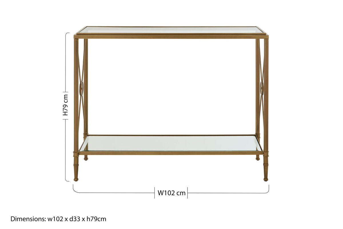 Orsina Axis Gold Console Table – Antique Brass 2-Tier Glass Shelves