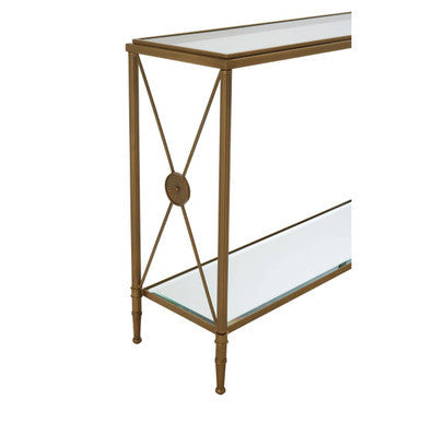 Orsina Axis Gold Console Table – Antique Brass 2-Tier Glass Shelves
