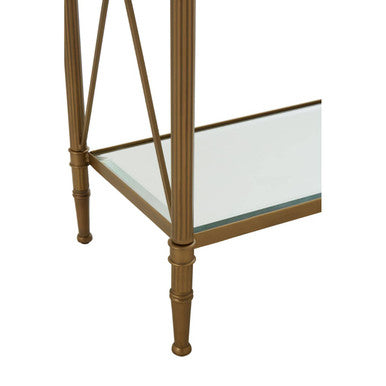 Orsina Axis Gold Console Table – Antique Brass 2-Tier Glass Shelves