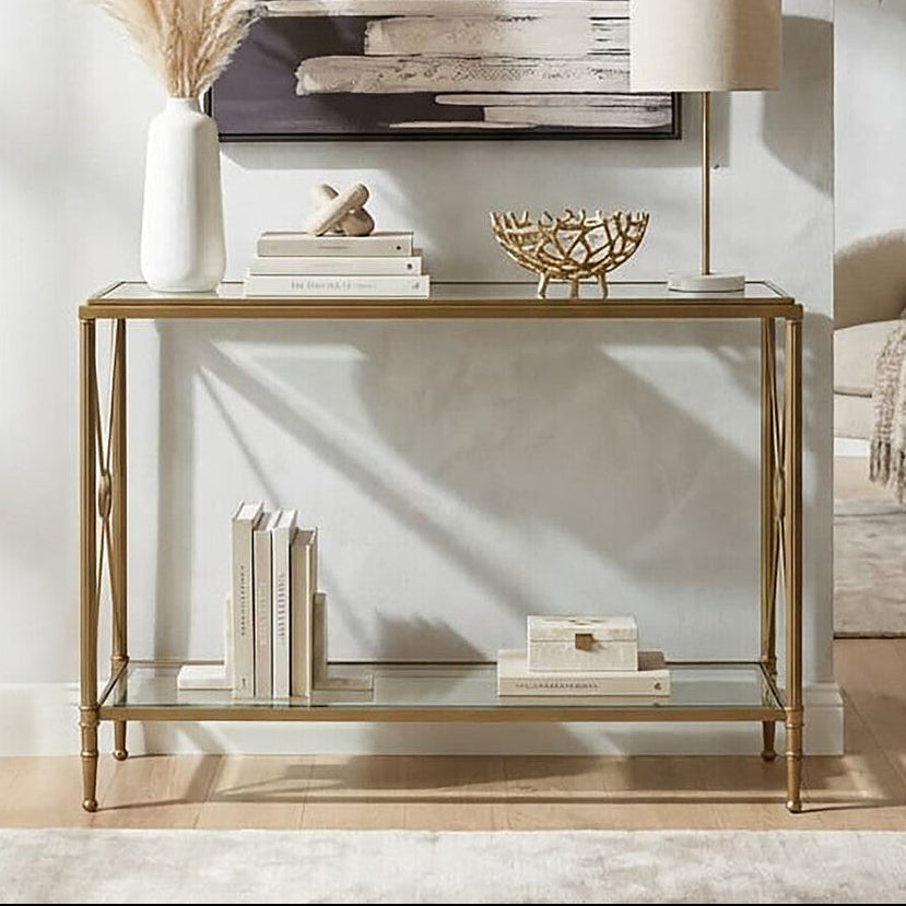 Orsina Axis Gold Console Table – Antique Brass 2-Tier Glass Shelves