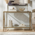 Orsina Axis Gold Console Table – Antique Brass 2-Tier Glass Shelves