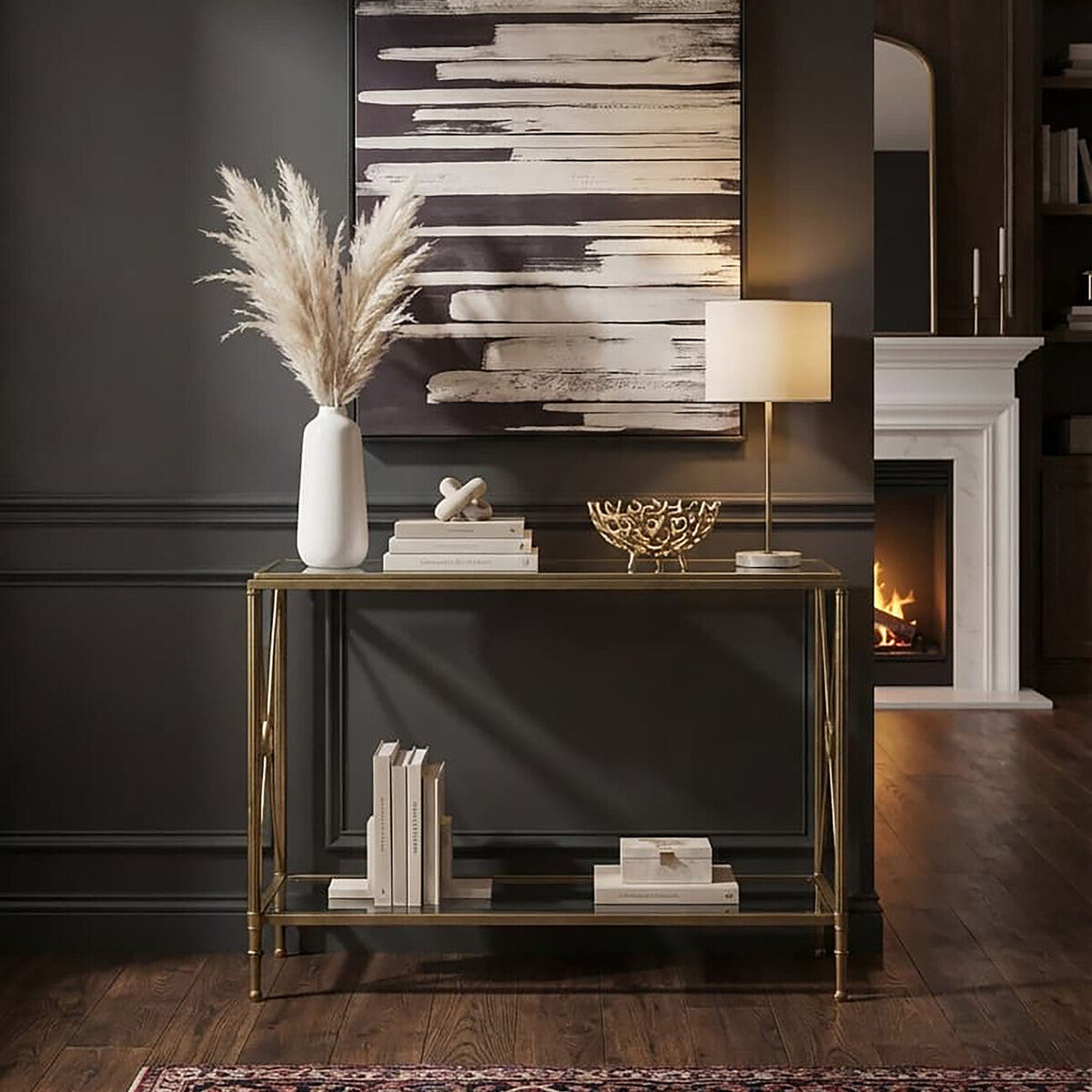 Orsina Axis Gold Console Table – Antique Brass 2-Tier Glass Shelves