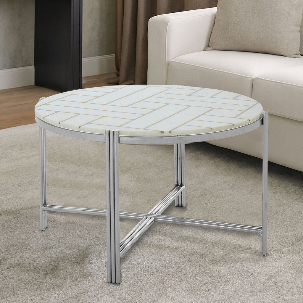 Orsina Eva White Marble Coffee Table – Gold Detail & Silver Frame