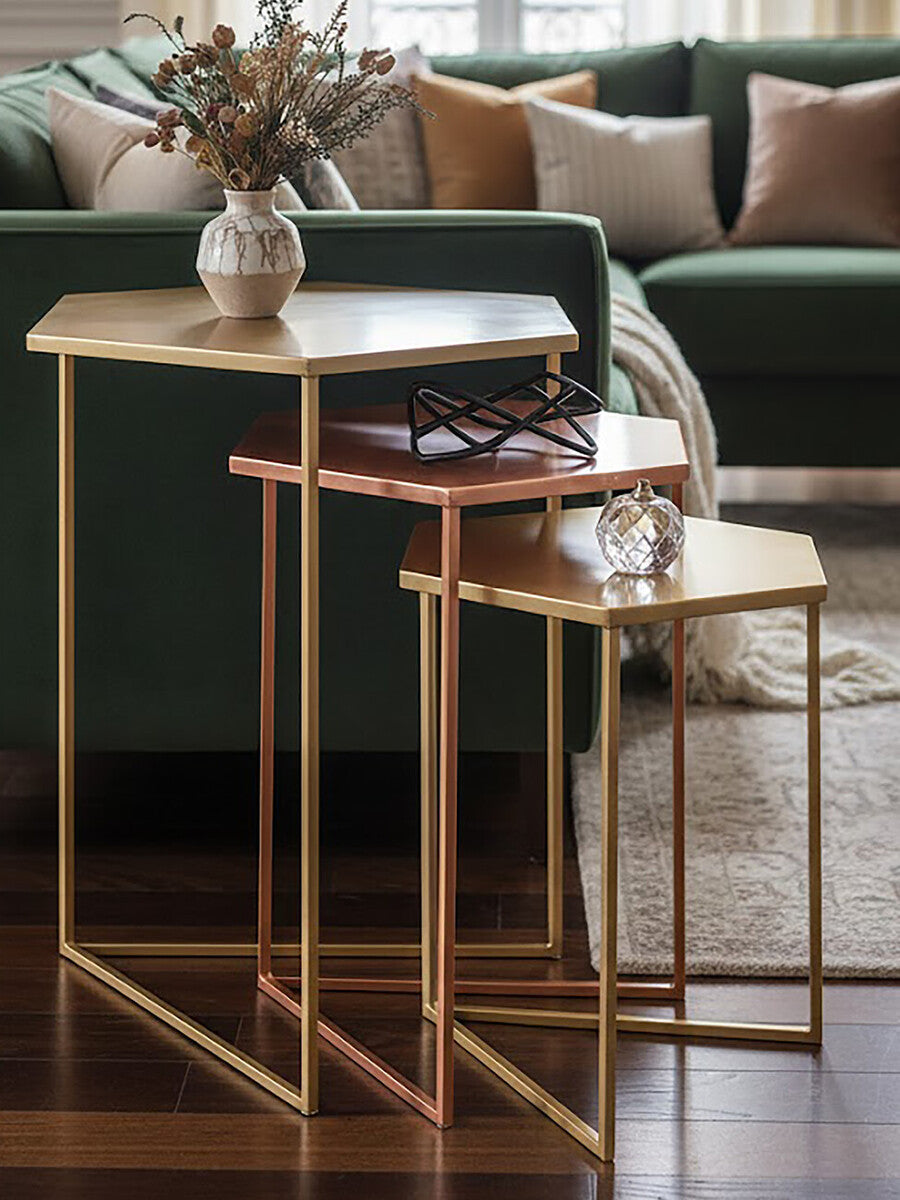 Orsina Templar Nesting Tables – Set of 3 Hexagonal Metallic Side Tables