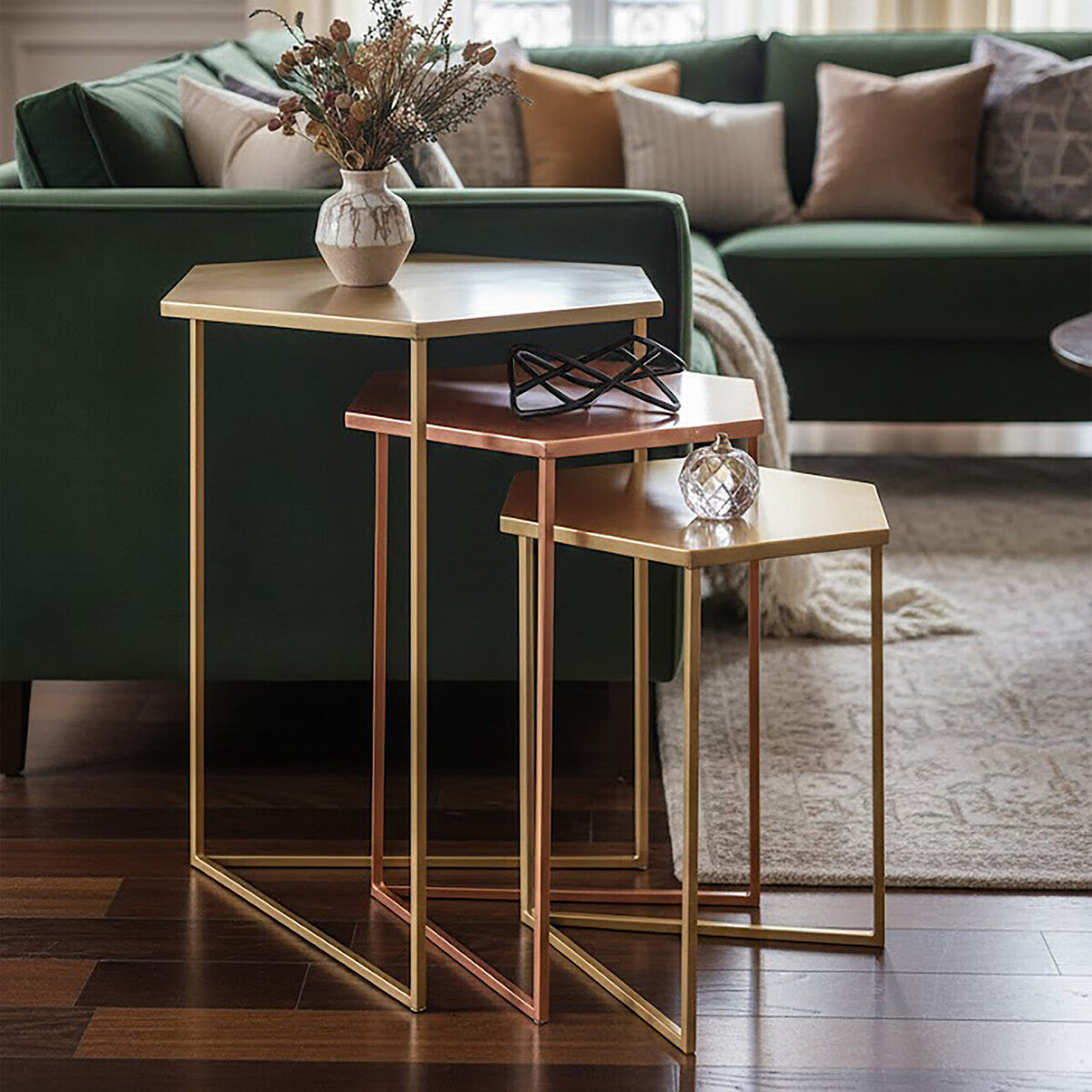 Orsina Templar Nesting Tables – Set of 3 Hexagonal Metallic Side Tables