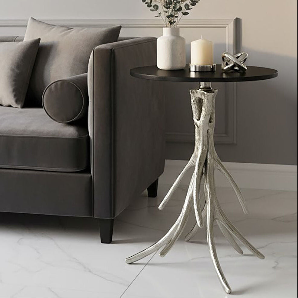 Orsina Black Marble Round Side Table | Nickel Antler Metal Base