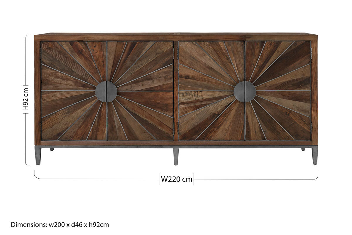 Orsina Midas Sideboard – Silver Sunburst 4-Door Storage Cabinet