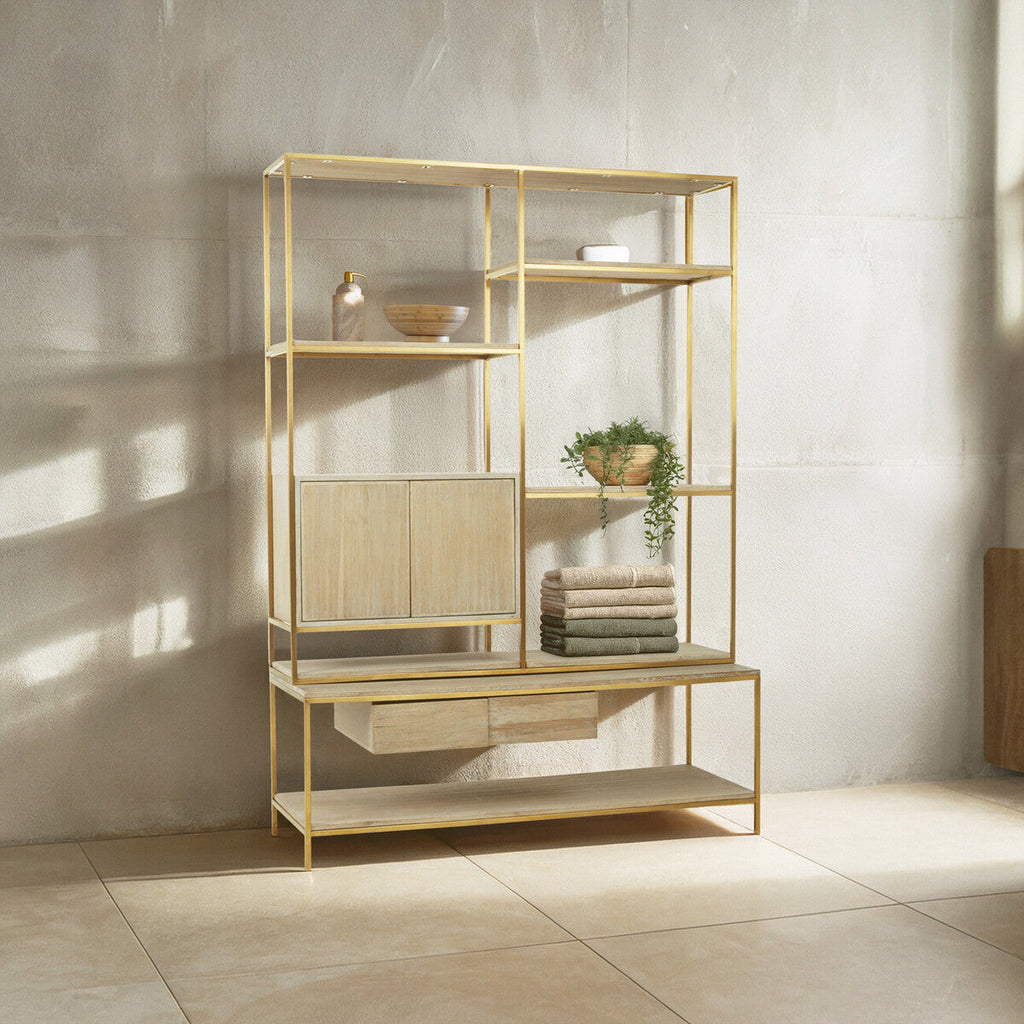 Orsina Modica Oak Wood and Gold Shelf Unit | Modern Storage Display