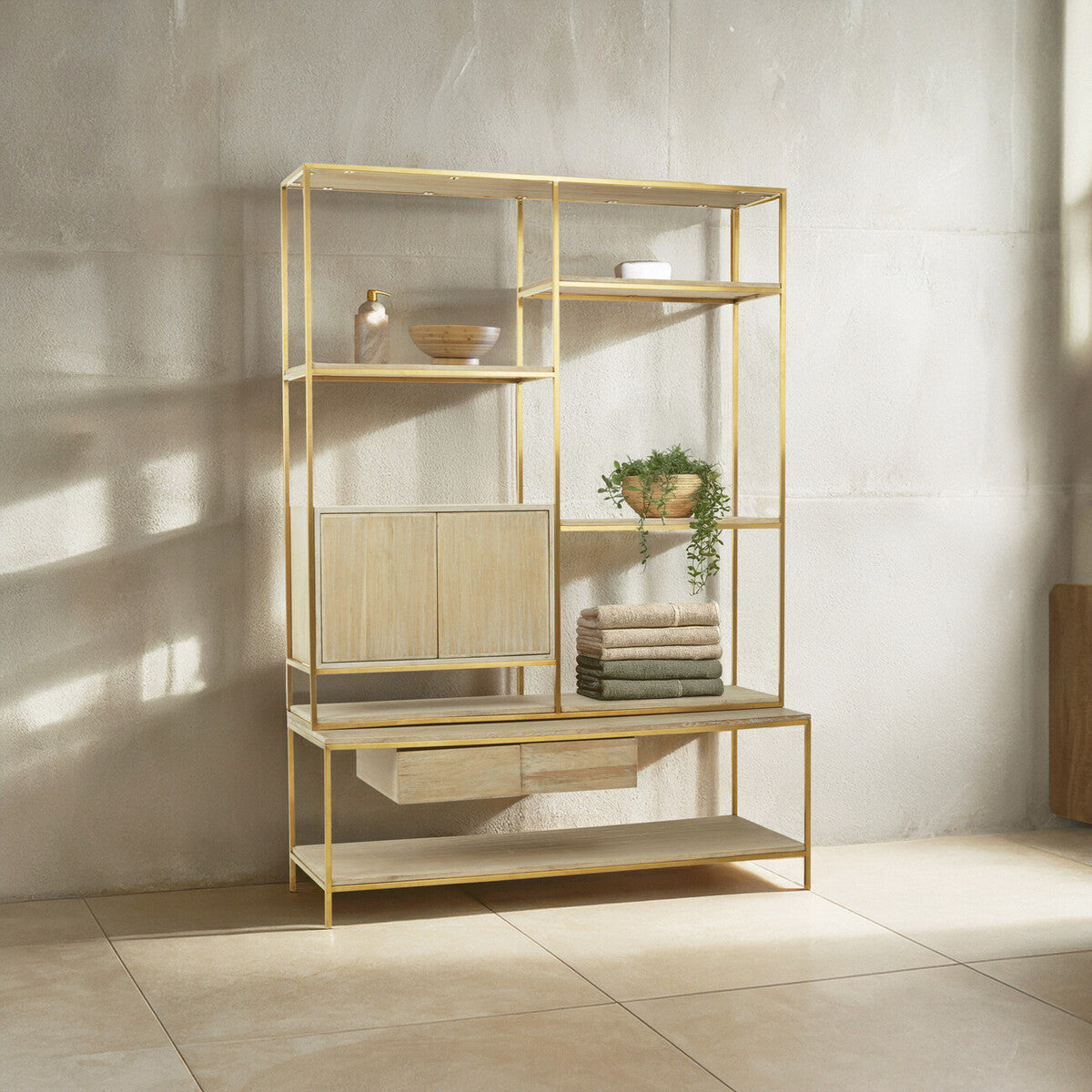 Orsina Modica Oak Wood and Gold Shelf Unit | Modern Storage Display