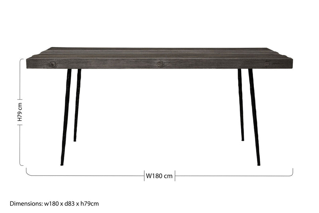 Orsina Mason Weathered Oak Dining Table | Rustic Grey & Blue Iron Base