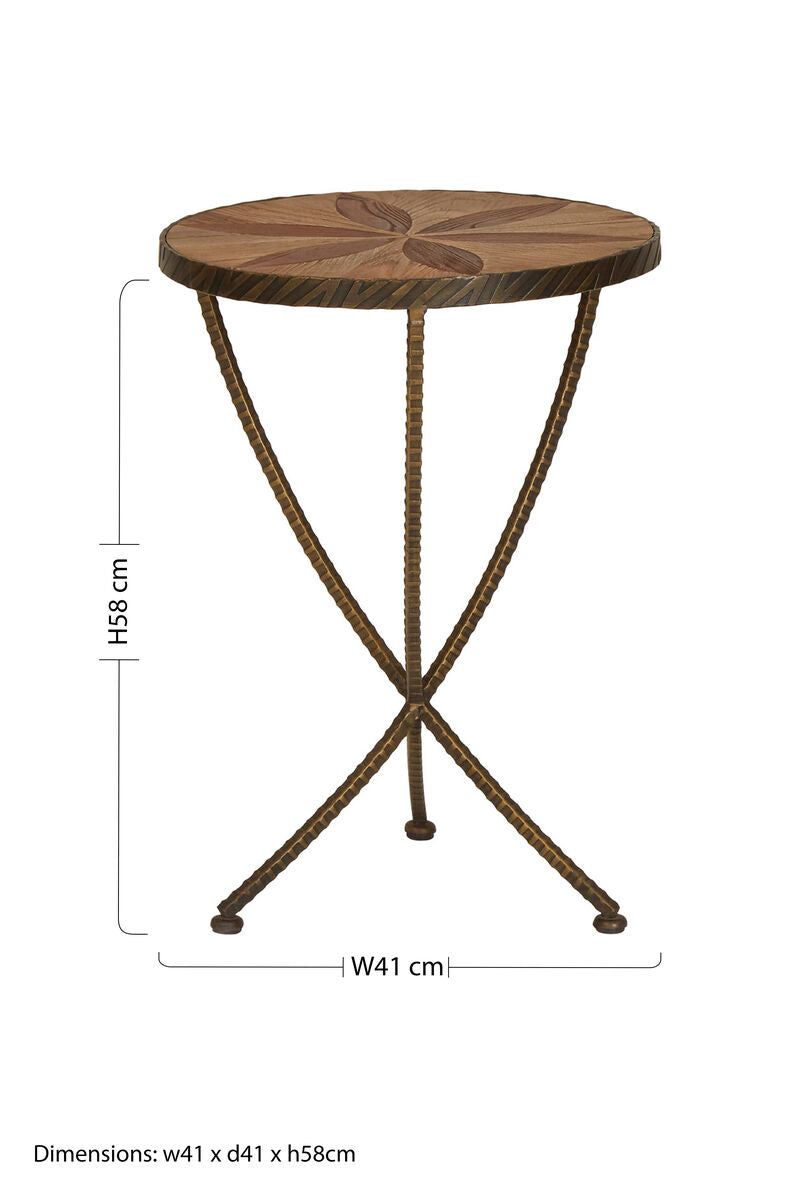 Orsina Elmo Small Side Table | Brown Elm Wood & Antique Brass Iron