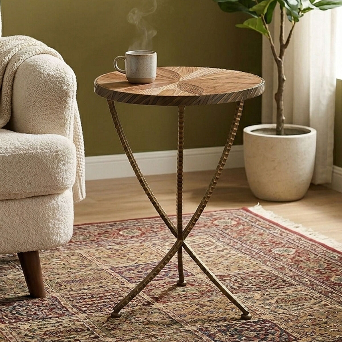 Orsina Elmo Small Side Table | Brown Elm Wood & Antique Brass Iron