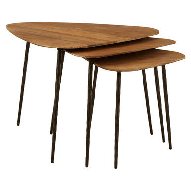 Orsina Elmo Nest of 3 Triangular Elm Wood and Iron Nesting Tables