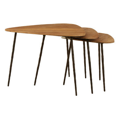 Orsina Elmo Nest of 3 Triangular Elm Wood and Iron Nesting Tables