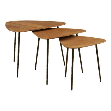 Orsina Elmo Nest of 3 Triangular Elm Wood and Iron Nesting Tables