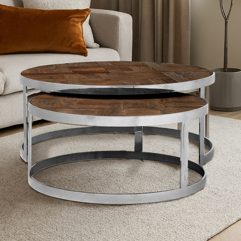 Orsina Brown Elm Wood Nesting Tables - Parquet Top Nest of 2