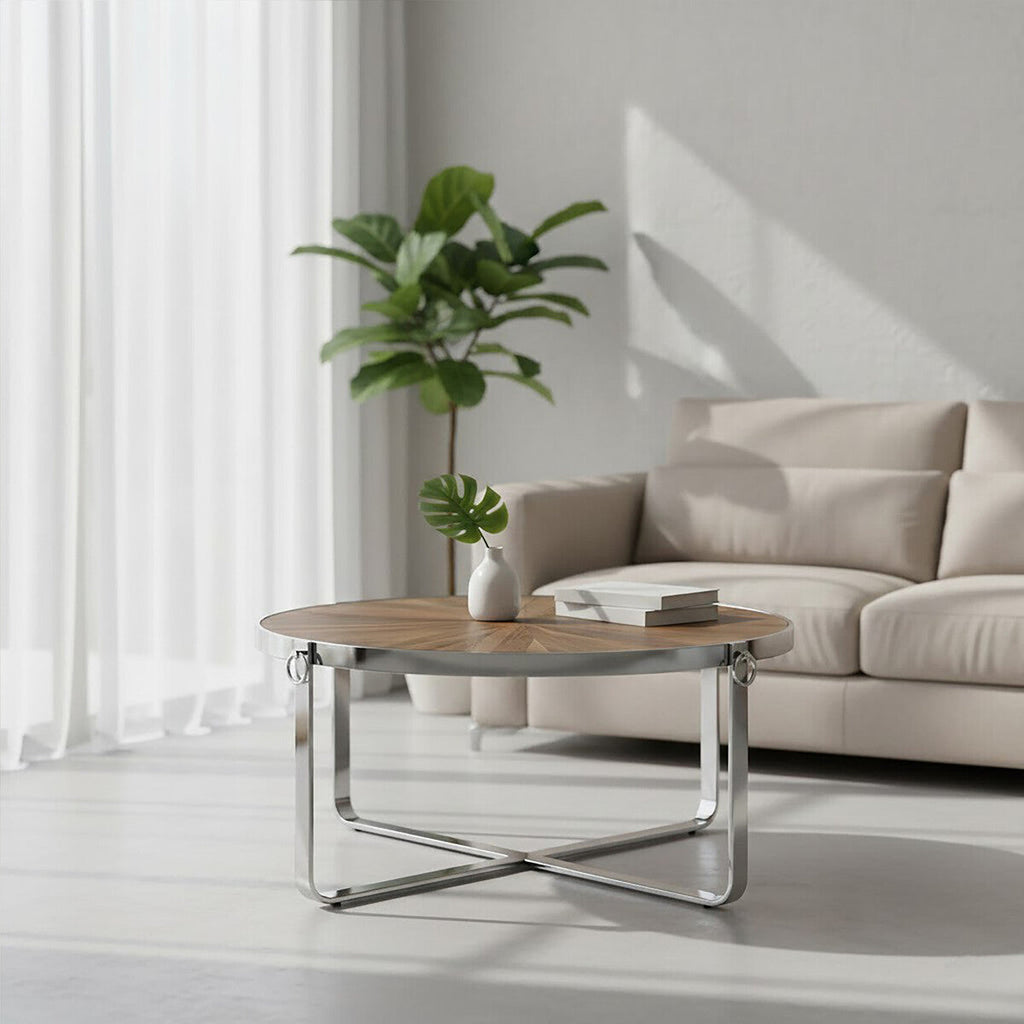 Orsina Mitra Coffee Table – Natural Elm Wood and Stainless Steel