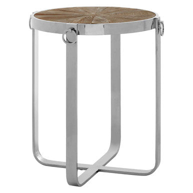 Orsina Mitra Elm Wood Side Table with Silver Stainless Steel Base